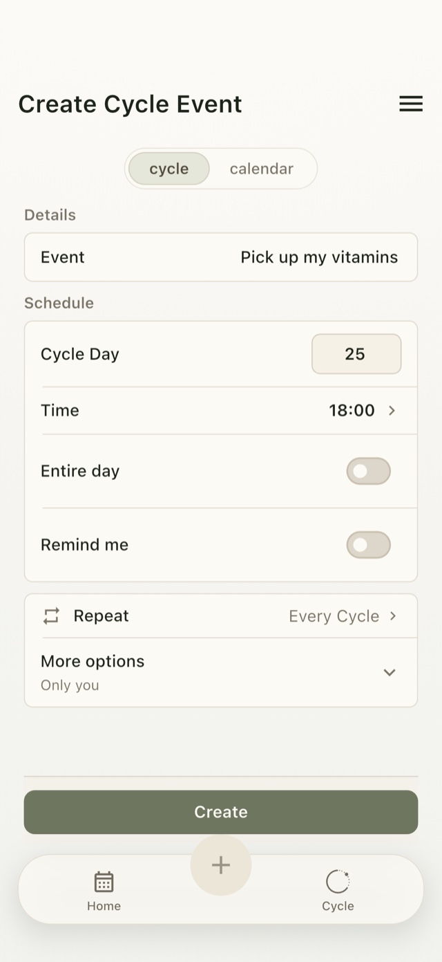 Umorrow Create Cycle Event screen: Cycle Day 25 at 18:00, with Repeat set to Every Cycle