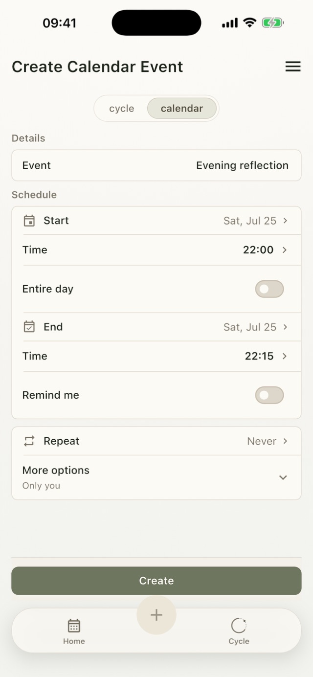 Umorrow event form showing the choice between a calendar date and a cycle day